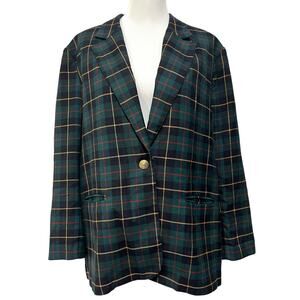 Vintage Southern Lady Tartan Plaid Green Navy Blue Blazer Jacket Size 18
